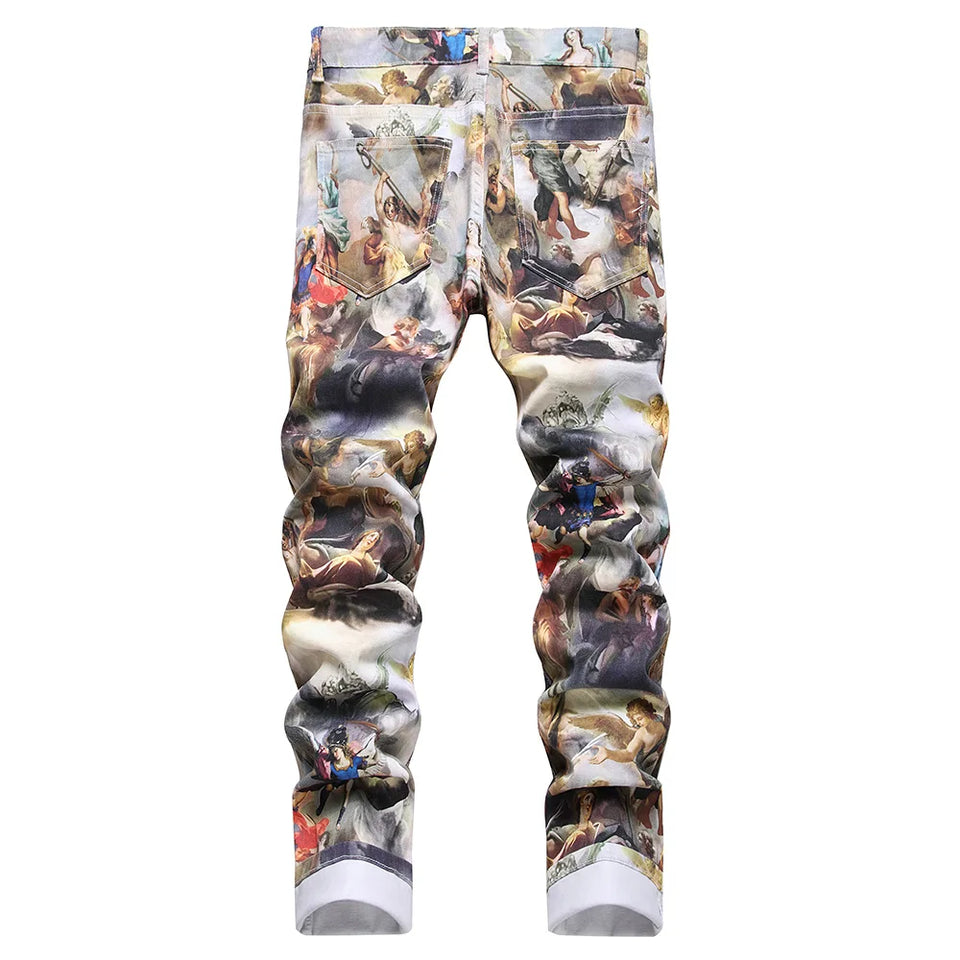 Men Classical Painting Print Jeans Fashion