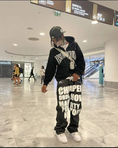 Hip Hop Letter Printed Black Pants Men Women 2024